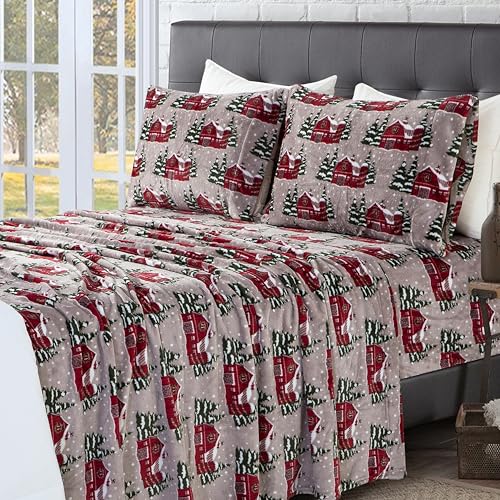 Elegant Comfort Luxuriously Soft 4-Piece Holiday Velvet Plush Flannel Sheet Set - Premium Quality - Cozy Warm, Christmas Fuzzy Velvet Flannel Fleece Deep Pocket Sheet Set - Twin XL, Snowybarn
