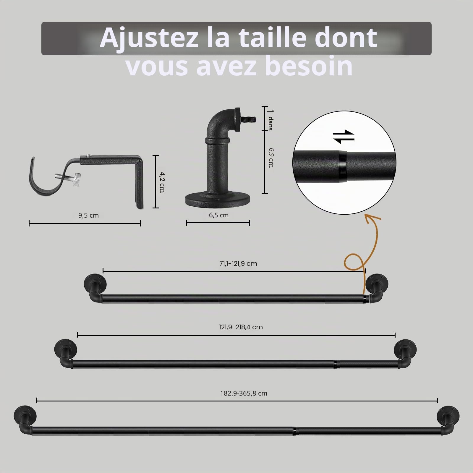Tringle à Rideau Extensible Style Industriel, Tringles Rideaux pour Rideaux à œillets, Barre Rideau Extensible 67cm - 122cm. ((67cm - 122cm) X 2 PACK)
