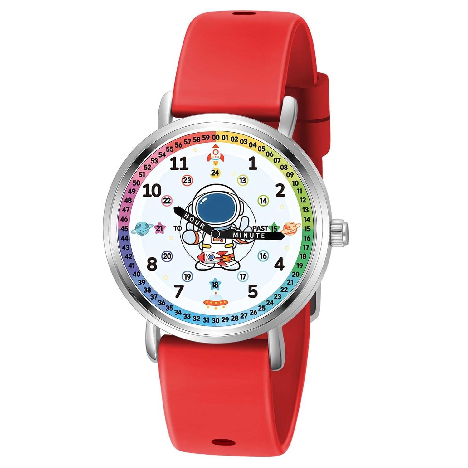 Reloj para niños – Relojes analógicos de tiempo de enseñanza para niños de 7 a 10 años, niños y niñas de 8 a 12 años, herramienta de aprendizaje de astronautas, cuarzo, rojo