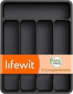 Lifewit Silverware Drawer Organizer Tray, Plastic Cutlery Storage for Kitchen Drawer, Flatware and Utensil Holder Divider for Spoons Forks Knives Tableware, 5 Compartment, Black