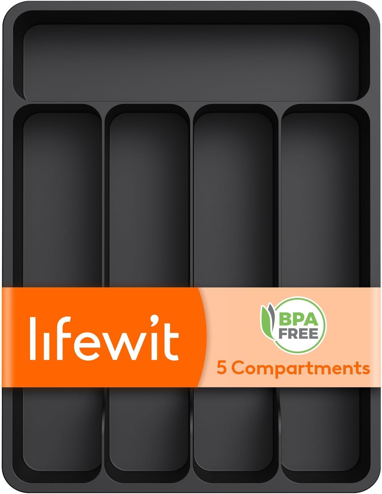 Lifewit Silverware Drawer Organizer Tray, Plastic Cutlery Storage for Kitchen, Flatware and Utensil Holder Divider for Spoons Forks Knives Tableware, 9.1 x 12.6", 5 Slots, Black