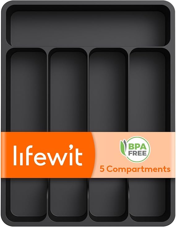 Lifewit Silverware Drawer Organizer Tray, Plastic Cutlery Storage for Kitchen Drawer, Flatware and Utensil Holder Divider for Spoons Forks Knives Tableware, 5 Compartment, Black