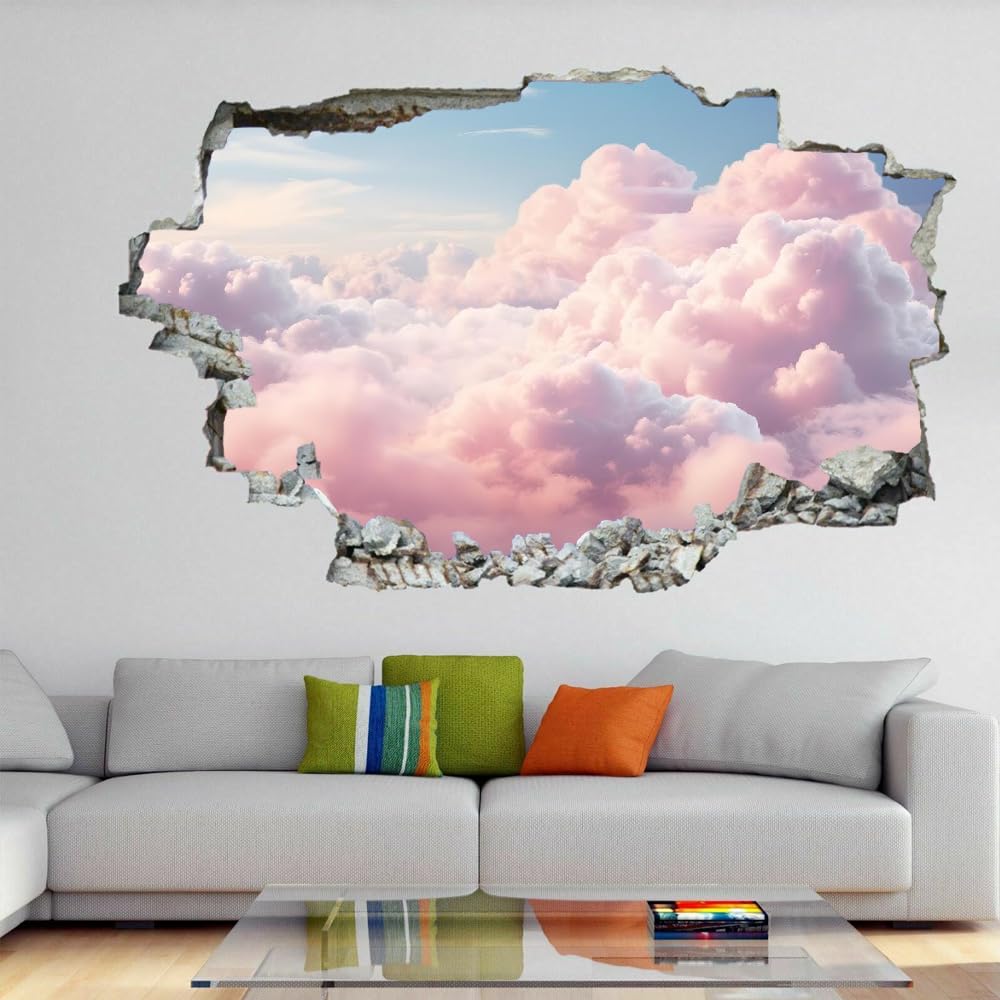 Pegatinas De Decoración De Pared 3D Roto Nube Rosa Pegatina De Pared Cielo Azul Paisaje Natural Tatuaje De Pared Para Decoración De Pared De Guardería, Sala De Estar, Decoración Del Hogar 120x80cm