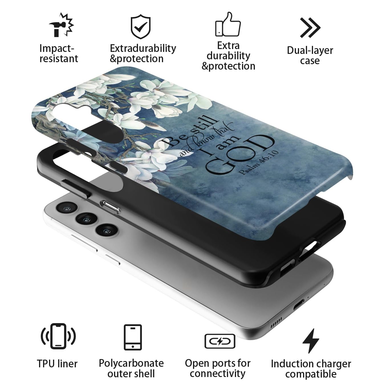 Funda Dual Guard para Samsung Galaxy S24 FE 5G, carcasa rígida de doble capa + funda de silicona 2 en 1, funda protectora a prueba de golpes, versículo bíblico Salmo 46:10, flores blancas