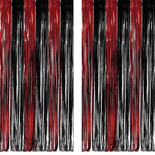 Image of Black Red Party Streamers Backdrop - GREATRIL Foil Fringe Tinsel for Stranger /Friday Party /Halloween Party Decorations - 3.2ft X 8.2ft - 2 Packs