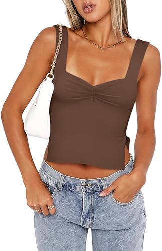 REORIA Camiseta sin mangas sexy con cuello de corazón fruncido, sin mangas, con abertura lateral, para salir, Y2K, a la moda, recortada