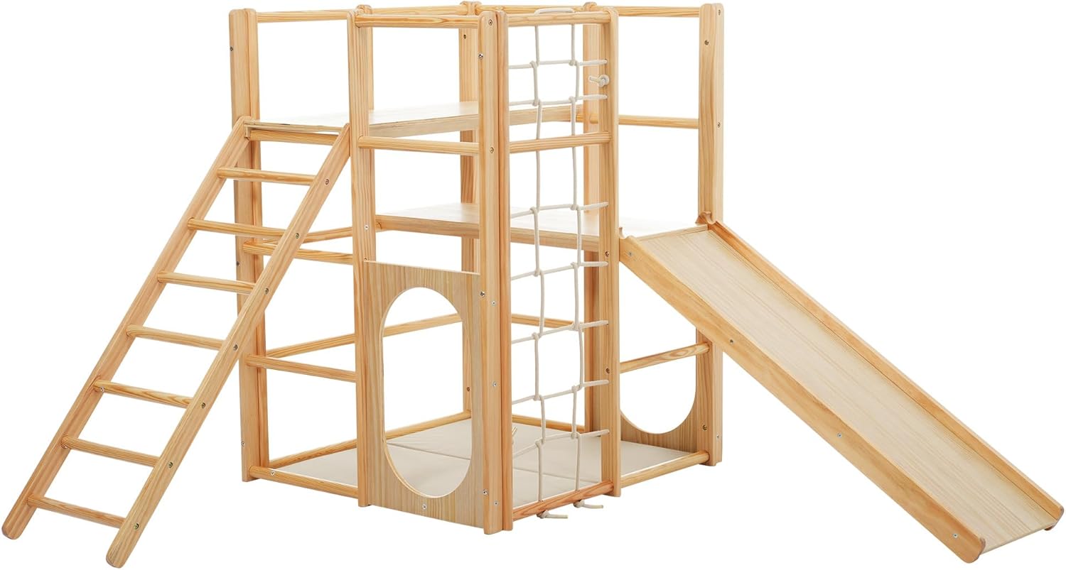 Donext 8-in-1 Jungle Gym, Natural Wood, Slide, Climbing Wall, Secret Base, Load Capacity 132.3 lbs (60 kg), Multifunctional, Wood, Indoor, Large Playground Equipment, For Kids, Birthday Present, Toy