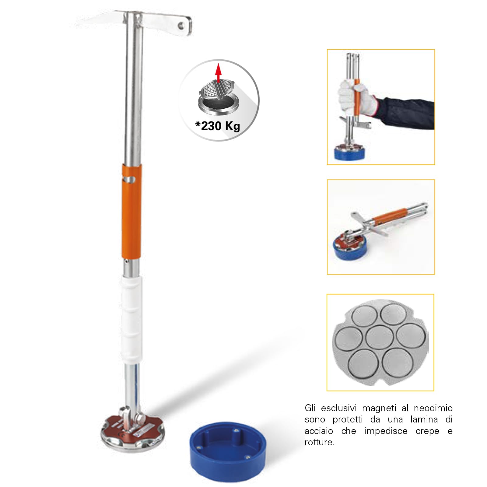 Alza Tombini Magnetico Pieghevole con Base Rotonda 7 Magneti per Apertura e Spostamento Chiusini Caditoie Griglie in Ghisa e Materiali Ferrosi Capacità Massima Sollevamento 230Kg mod. XT1NANO K0276