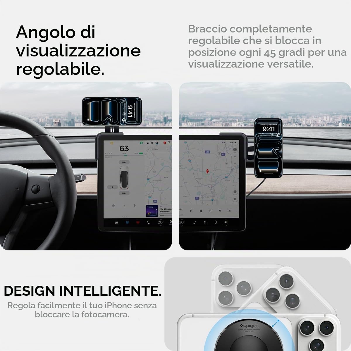 Spigen Tesla Model 3 (~2026 Highland) Model Y (~feb. 2026 Juniper) X S, Ricarica Wireless Auto [Montaggio Senza Adesivo] Supporto Telefono MagSafe Compatibile con iPhone 17 16 15 14 13 12