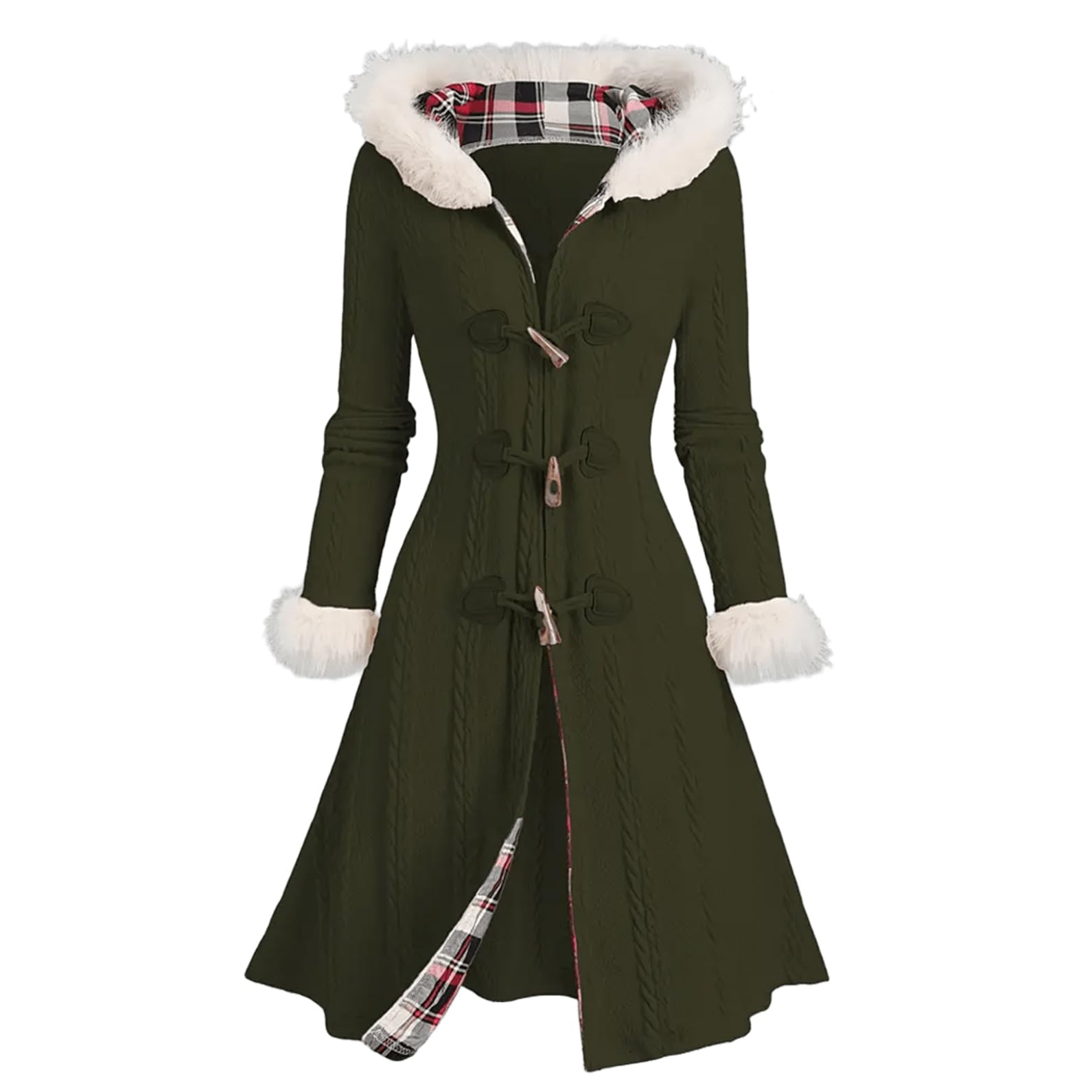 Y2K-Inspired Plaid Hooded Knit Coat Womens Faux Fur Trim Cardigan Polyester Knit Fabric Long Coat Machine Washable