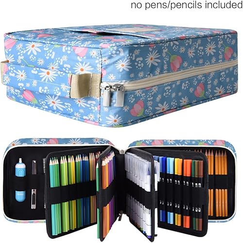Vista 2 de qianshan Ranura para estuche para lápices, capacidad para 260 lápices de colores o 180 bolígrafos de gel con cierre de cremallera 260-Azul Rosa Daisy