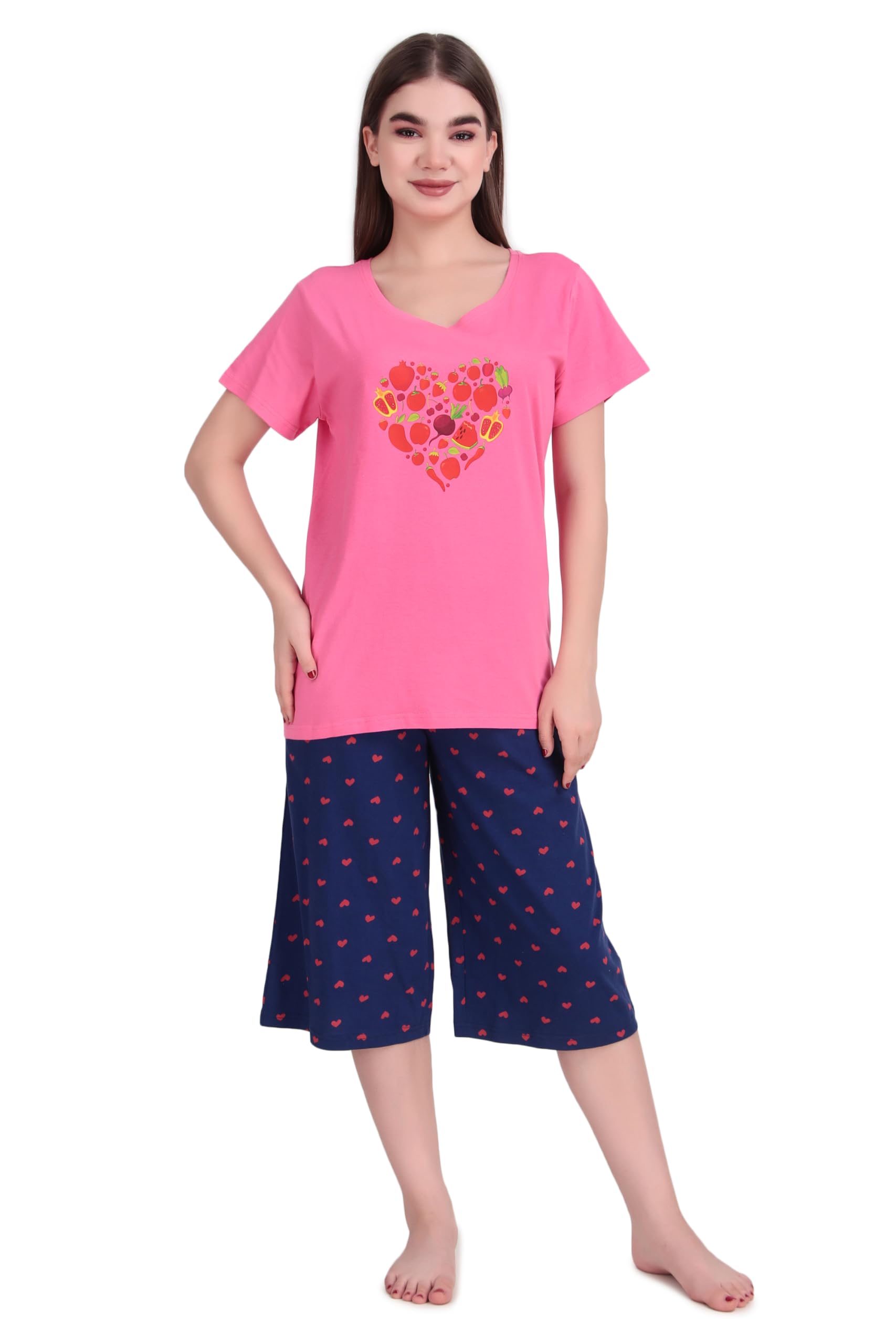 zha Women's Soft Cotton Top Round Neck Button placket Short Sleeves and Capri Pants with pocket-picture-16