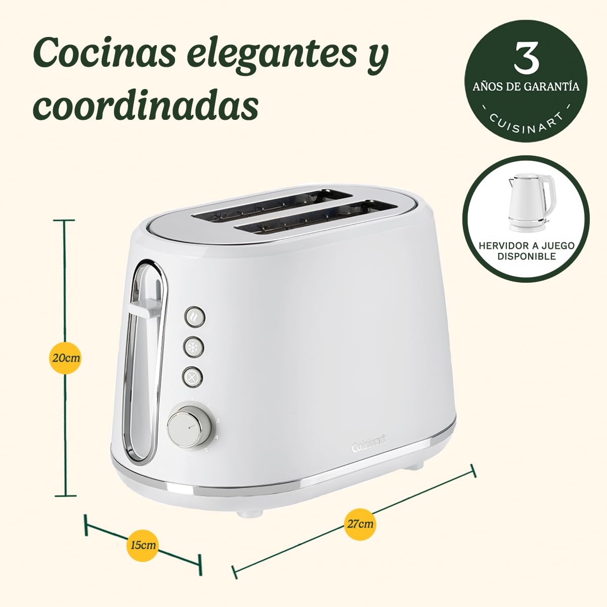Cuisinart Tostadora de 2 rebanadas | Ranuras extra profundas, ideales para pan grueso | Palanca de elevación | 7 niveles de tostado más descongelación | Disponible hervidor a juego | Blanco