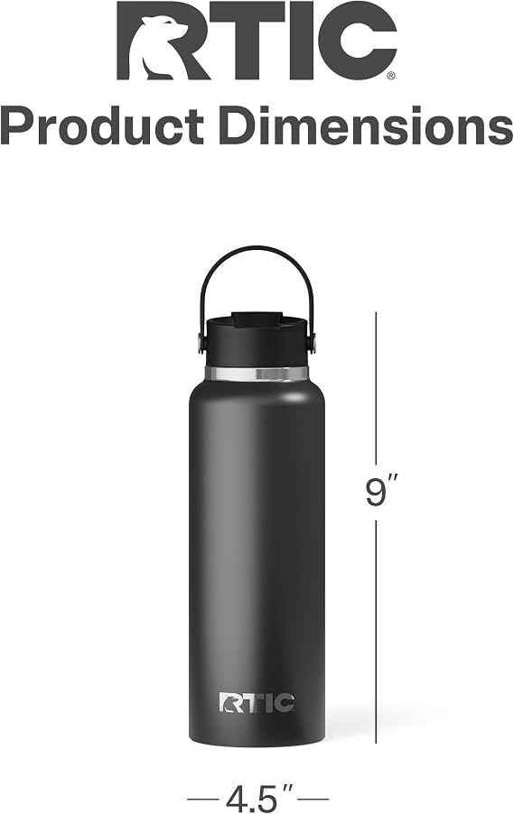 RTIC 40oz Outback Water Bottle, Ceramic Lined, Insulated, Stainless Steel, Double Wall Vacuum-Insulation, Leak-Proof Lid, BPA-Free Water Flask Hiking, Running, Sports, Outdoor, Black