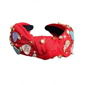 Valentines Headbands for Women, Valentines Day Headband, Heart Red Heart Rhinestone Knotted Headband, Valentines Sparkly Wide Hairband, Cute Valentine Gifts for Teachers, Girls, Birthday & Party