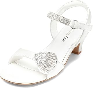 Girls Sandals Ankle Strap Square Toe Low Heel Crystal Shell Wedding Party Flower Dress Shoes for Little Kids/Big Kids