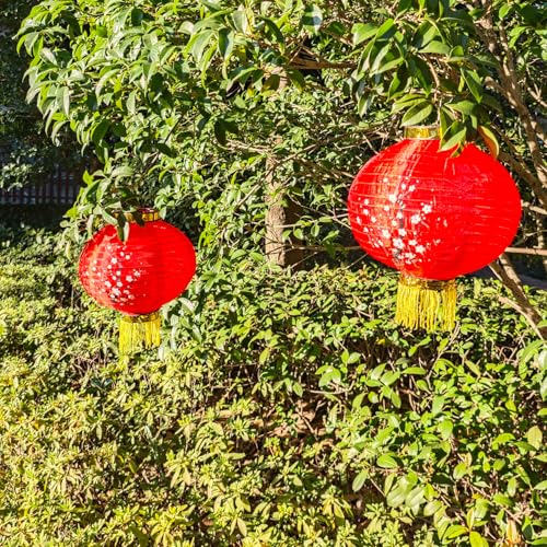 Image of KYMY Cherry Blossom Red Lanterns, 2pcs Japanese Spring Festival Sakura Silk Fabric Lanterns 11.8 inch, Oriental Style Flower Lanterns for Asian Lunar New Year Home Resturant Wedding Party Decoration
