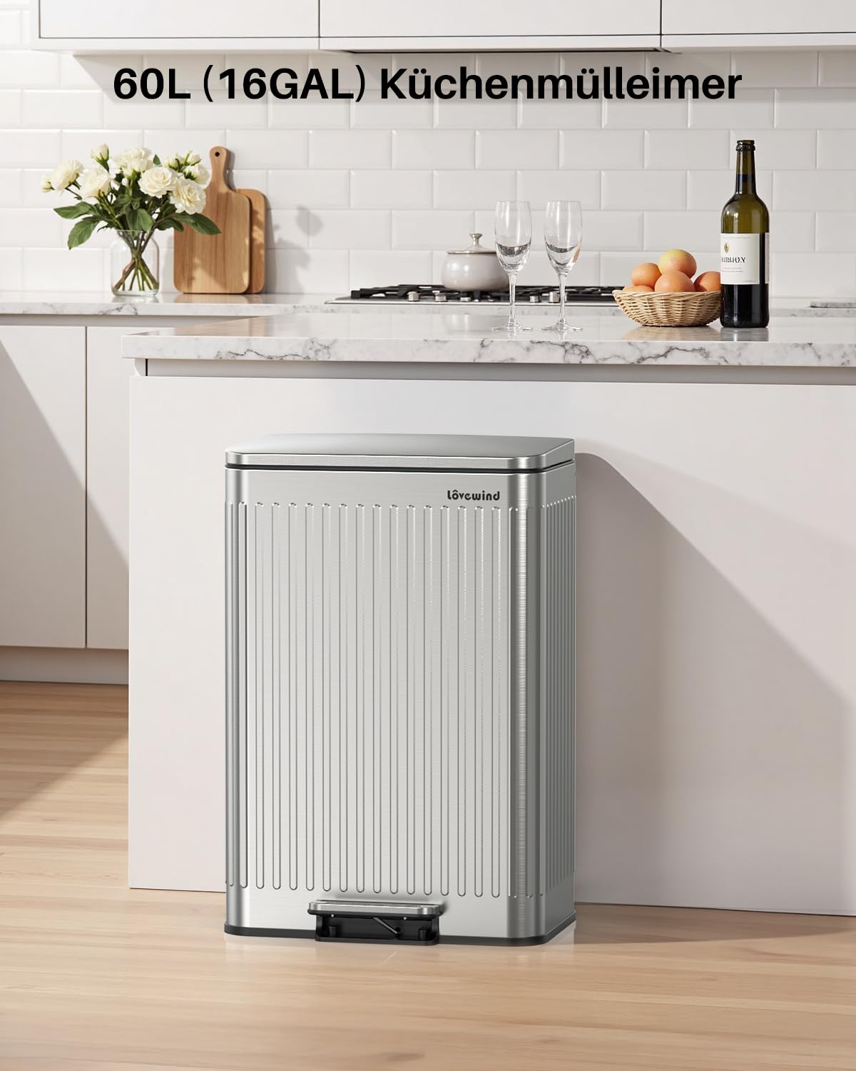 lovewind 60L Mülleimer Küche Edelstahl Silber, Pedal-Behälter mit Soft-Close Deckel,herausnehmbare Einsätze mit Griff & Beutelhalter, Römisches Design, geruchsdicht, für 3-6 Personen