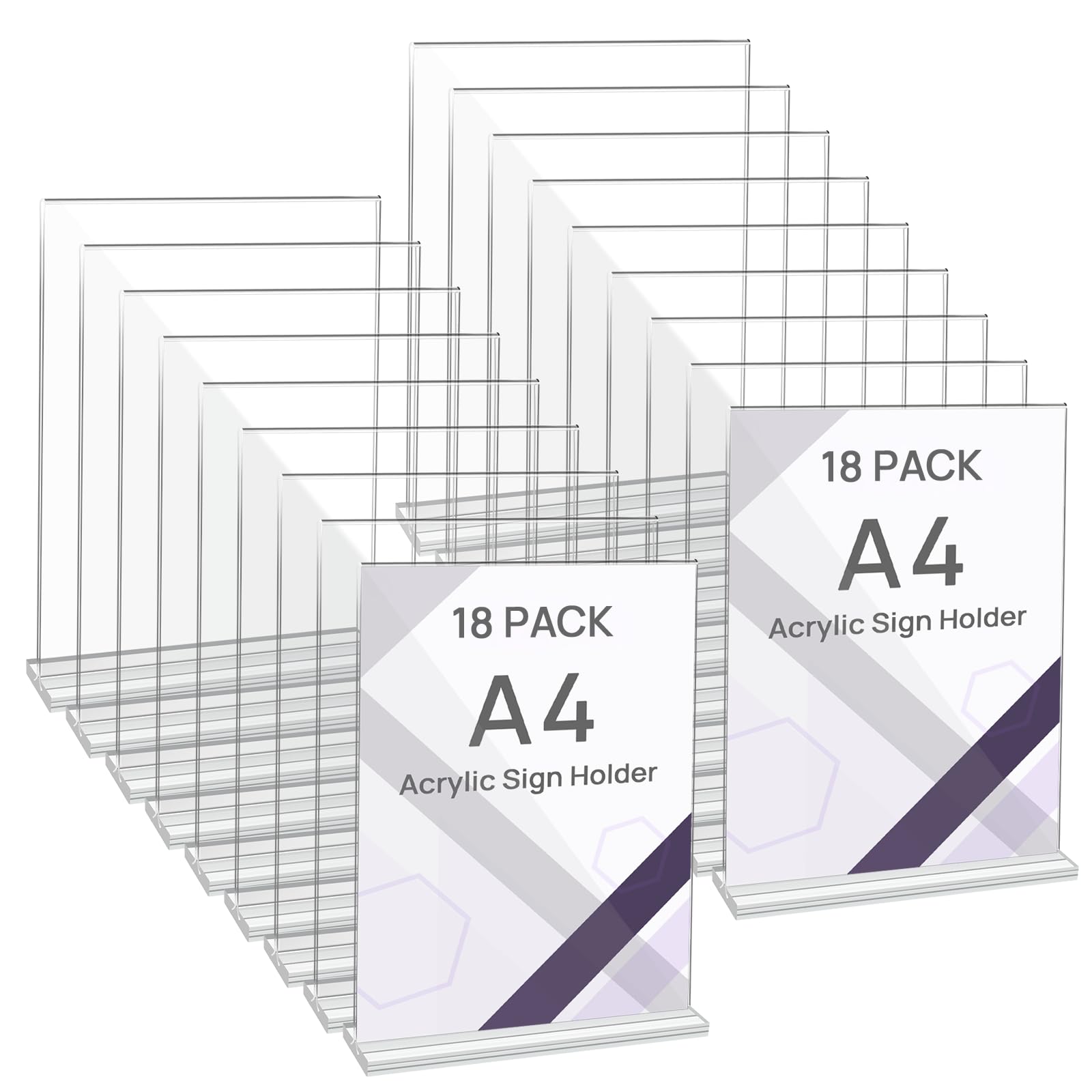 JEFURE A4 Acrylic Sign Holder, 18 Pack Clear Perspex Display Stands, T-shape Plastic Poster Stand, Double-sided Menu Holder for Home, Office, Store, Restaurant