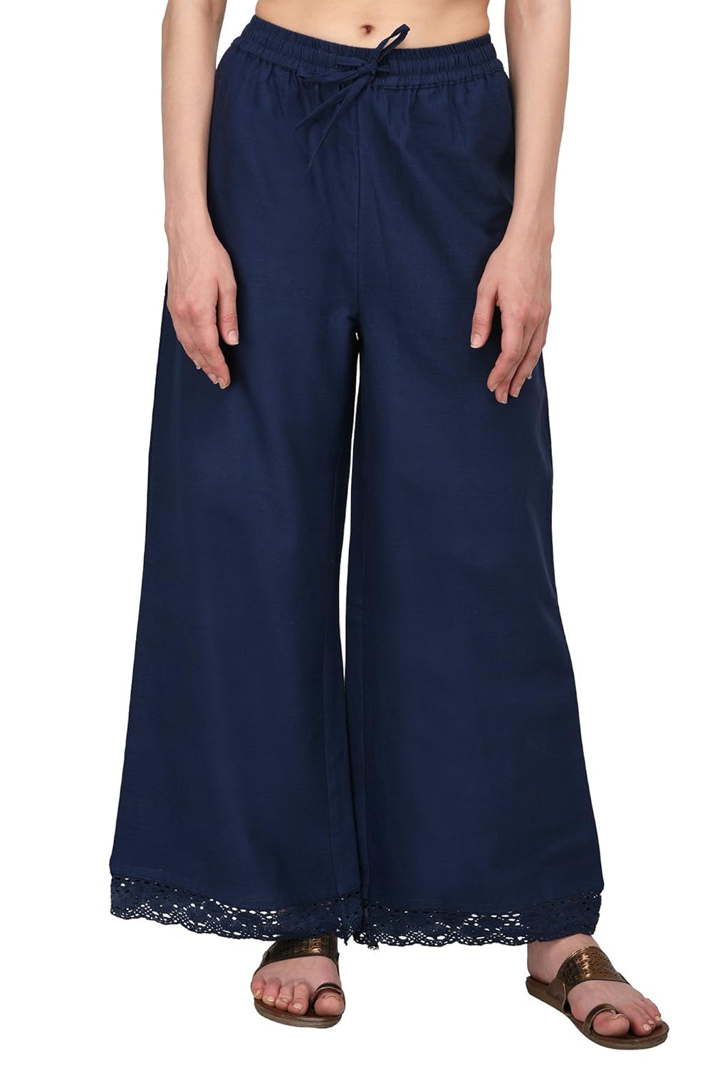 ladyline Womens Cotton Linen Palazzo Pant - Crotia Lace Border - Wide Leg Relax Pants