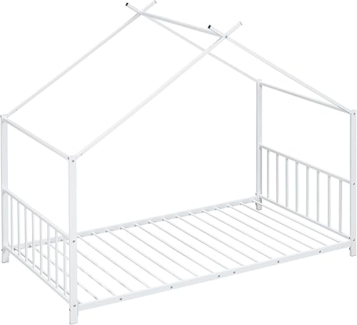 Miniatura 188 de Cama de casa de tamaño individual con diseño de valla y techo, marco de cama de metal, marco de cama de piso doble, base de cama Montessori de Color