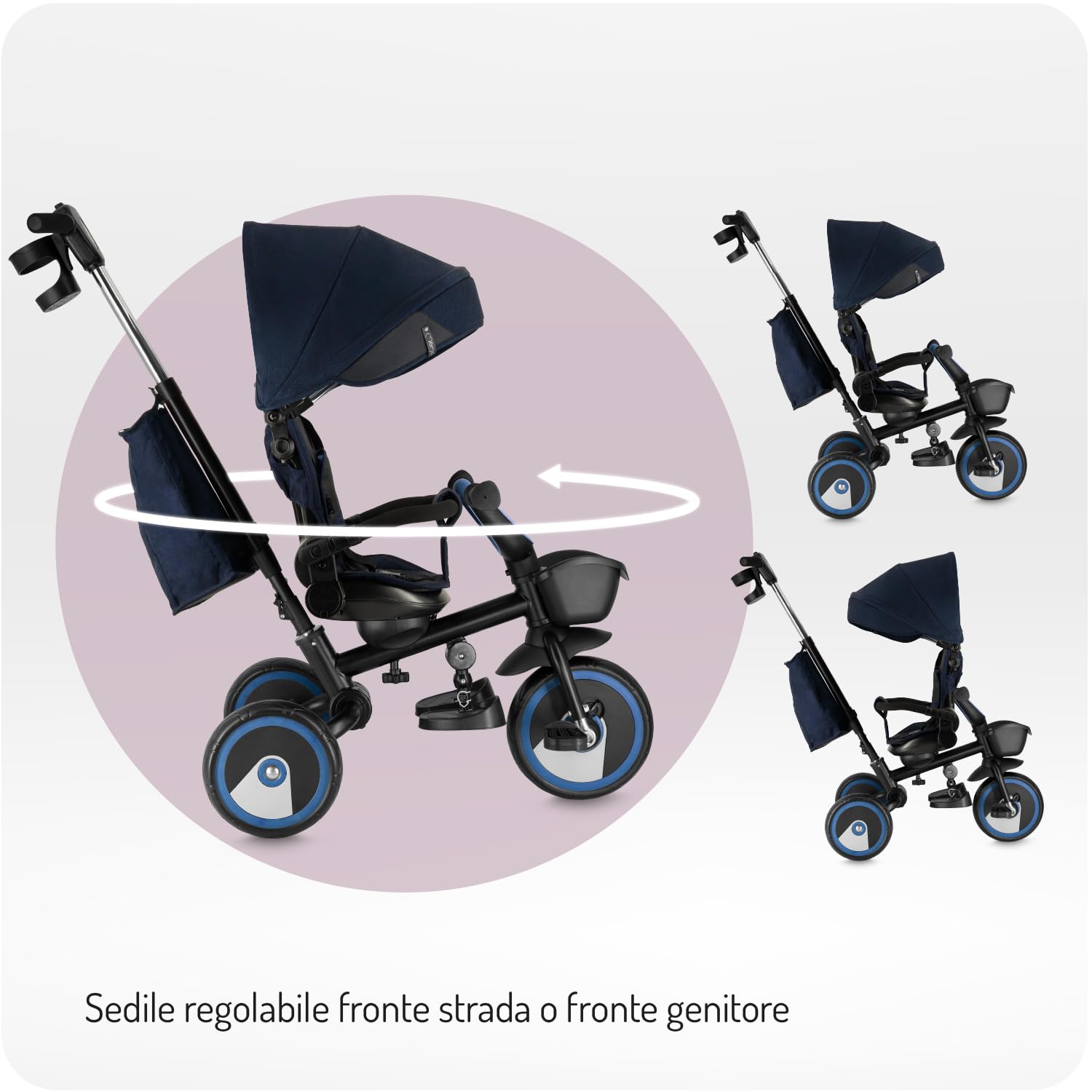 Triciclo per bambini MoMi IVI, seduta girevole 360°, cinture a 3 punti, poggiapiedi, tettuccio parasole, ruote EVA, manubrio regolabile, borsa e cestino portaoggetti