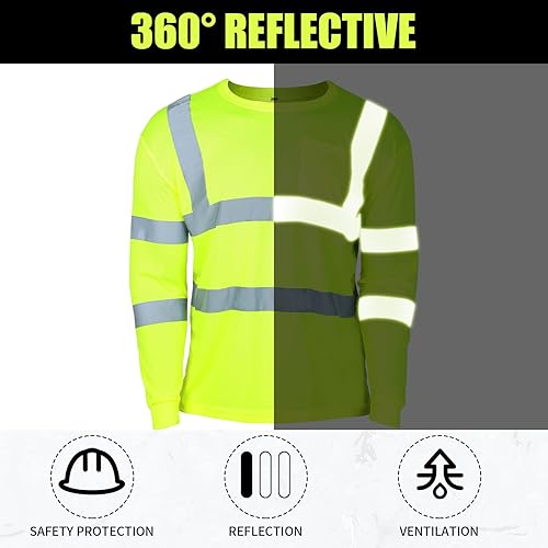 Miniatura 4 de Paquete de 6 camisas de seguridad de alta visibilidad, talla XL, reflectantes, de manga larga, para hombre, color amarillo, transpirable, unisex,