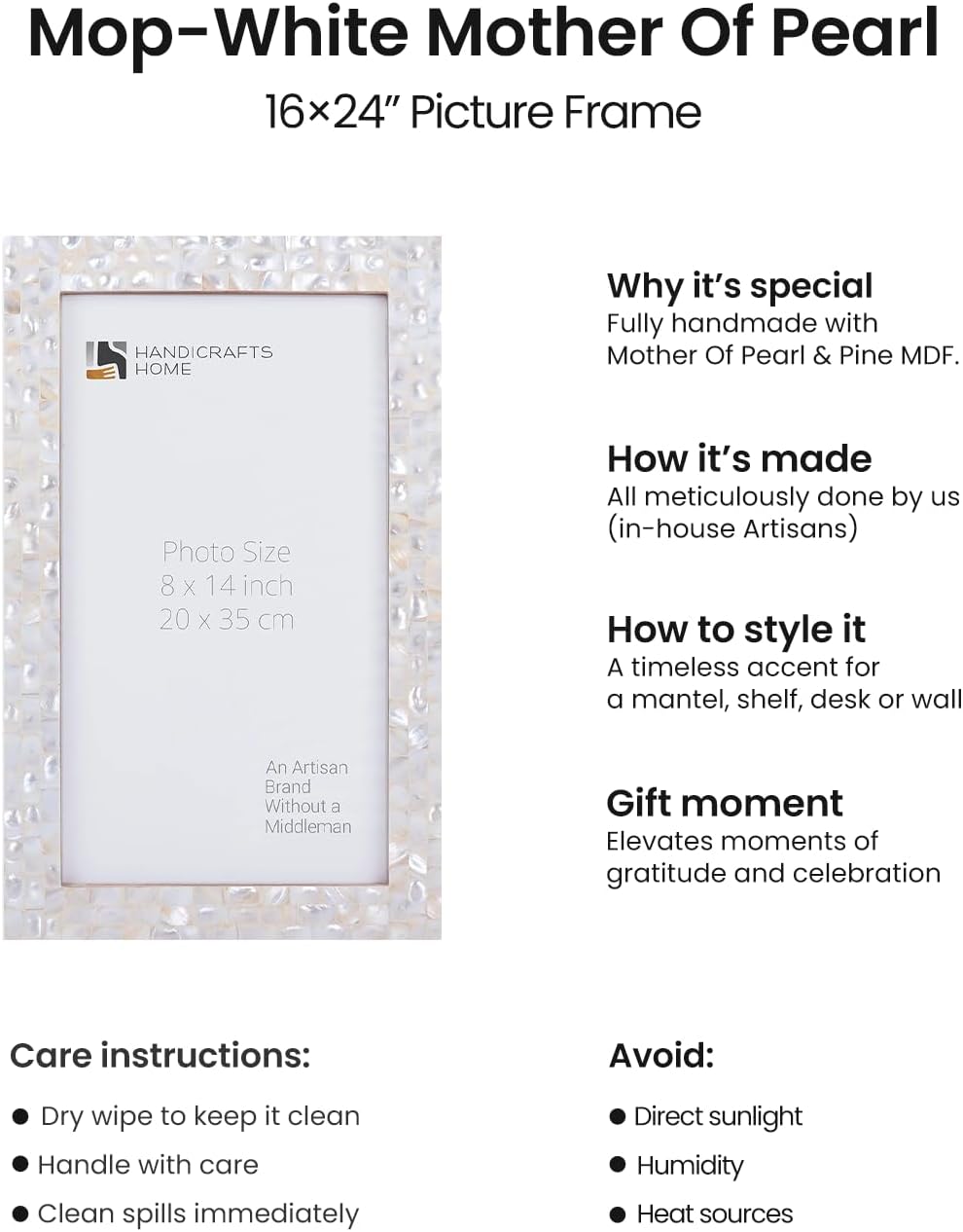 Handicrafts Home 8x14 Poster Frame- Green Mother of Pearl Wall Mount Decorative Picture Frame for Posters, Photos, Diplomas, Certificates, Art Work-Handmade Vintage Home Decor Gift