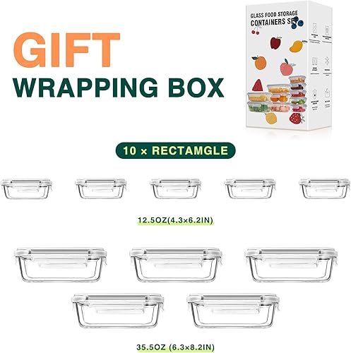 Miniatura 3 de Glotoch - Paquete de 10 recipientes de vidrio para almacenamiento de alimentos con tapas reutilizables, recipientes de vidrio de borosilicato ultra