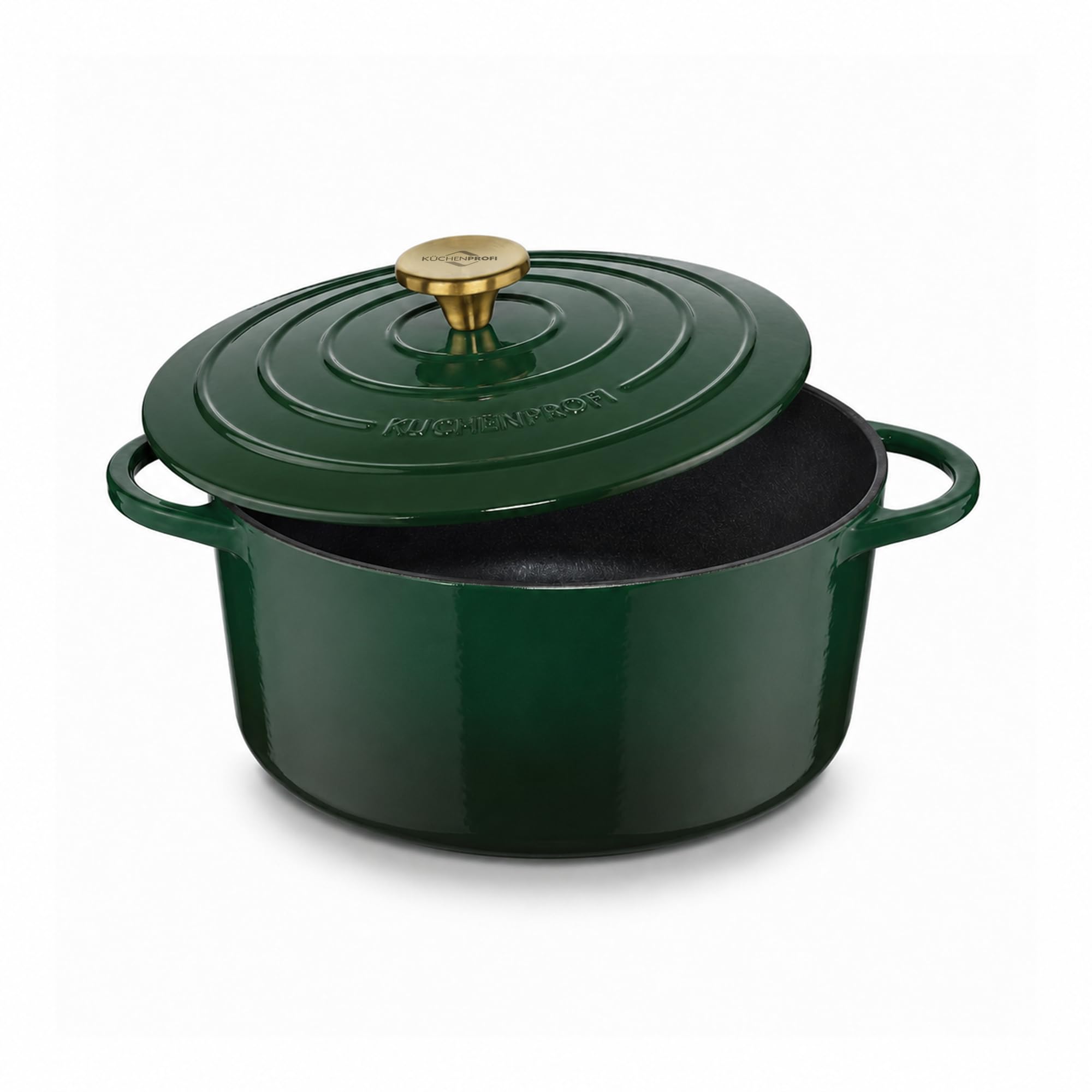 Küchenprofi Cast Iron Roasting Dish with Lid, Green/Black Inside, 24 cm, Dutch Oven, Bread Baking Pot, Enamelled, for All Types of Cookers (including Induction), for Braising, Baking, Roasting