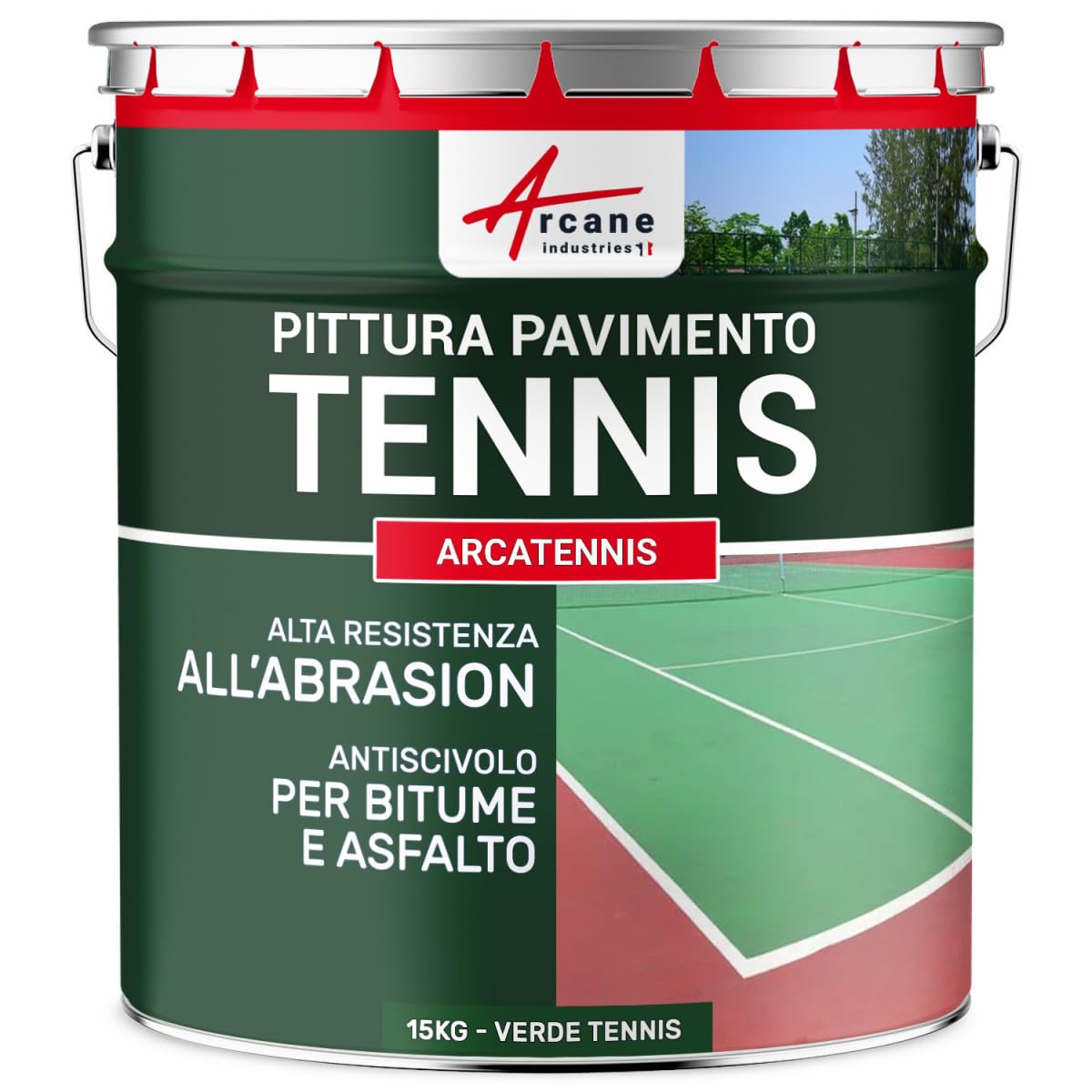 Pittura per campo da tennis, antiscivolo - ARCATENNIS - 15 kg (fino a 30 m² in 2 strati) Verde Tennis - ARCANE INDUSTRIES
