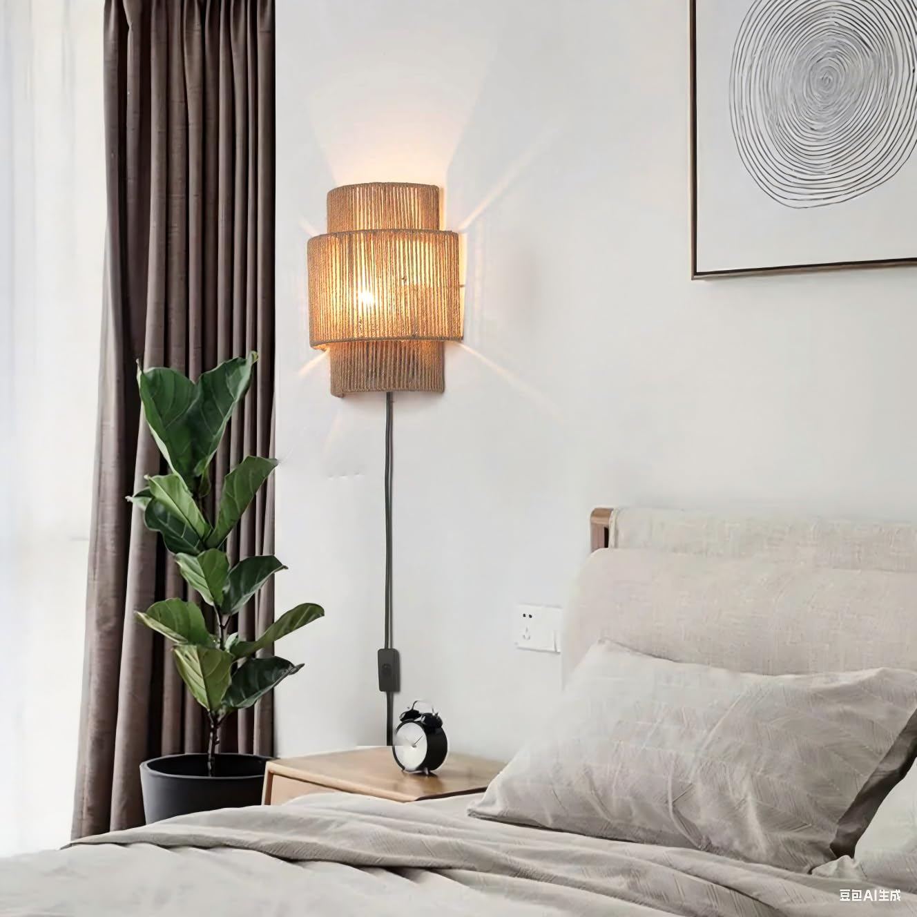 Alpinaluz Aplique de Pared de Cuerda de Yute Natural – Diseño Bohemio Artesanal con Luz Decorativa de Doble Pantalla, Casquillo E27 con Enchufe e Interruptor – para Salón, Dormitorio o Pasillo