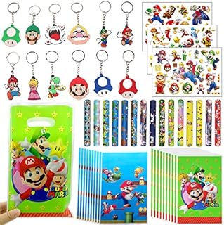 wukou 51pcs Super Bros Party Favors Slap Bracelets Keychain Tattoos Party Bags Kids Boy Gaming On Themed Birthday Party Supplies Candy Rewards Treat Pinata Gift Goodie Bag Fillers