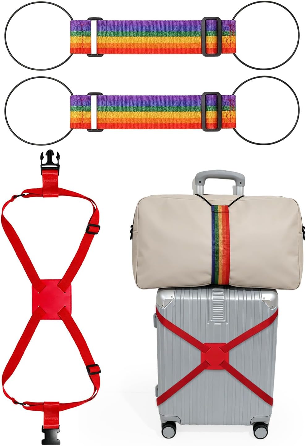 Adjustable Luggage Straps for Suitcases, Elastic Bungee Connector Belts, Luggage Connector Straps for Travel, Colorful Luggage Strap Set (2 Pack Luggage Straps +1 Figure 8 Elastic Bungee)