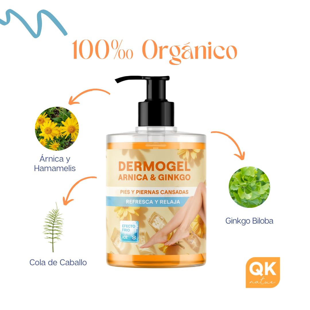 QKnatur - Gel piernas cansadas Árnica & Ginkgo Efecto Frío 500ml - Alivio y frescor para Piernas y pies Cansados - Relajante, Refrescante e Hidratante - Alta concentración en Extractos Vegetales