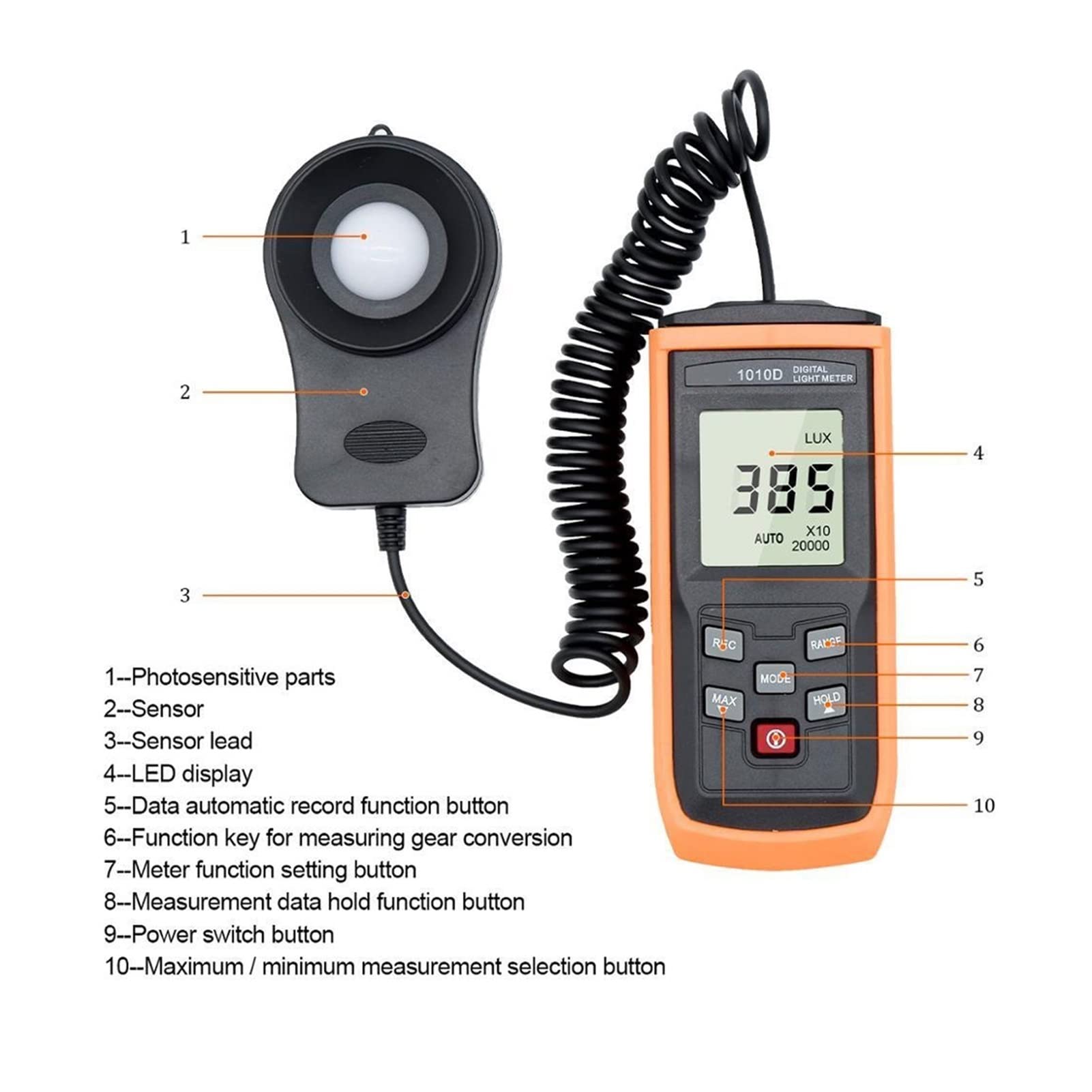 Luxómetro Portátil, Medidor de luz digital de mano LCD Medidor de luz fotográfico 0-200000 Lux Tester de iluminancia de medidor de luz, medidor de luz Iluminador digital Medidor de temperatura ambient