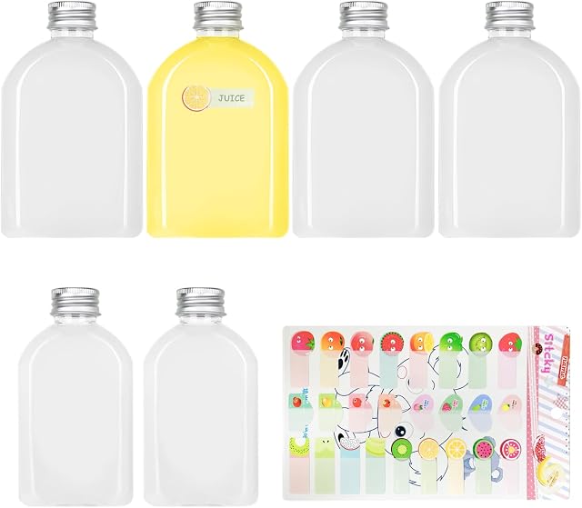 GVSAVY 6 Pack Clear Juice Bottles (100ml+200ml), 1 Fruit Sticker, Flat Beverage Container, Drink Empty Bottle With Aluminum Lid, Reusable Transparent Flat Bottle, Suitable For Milk, Juice