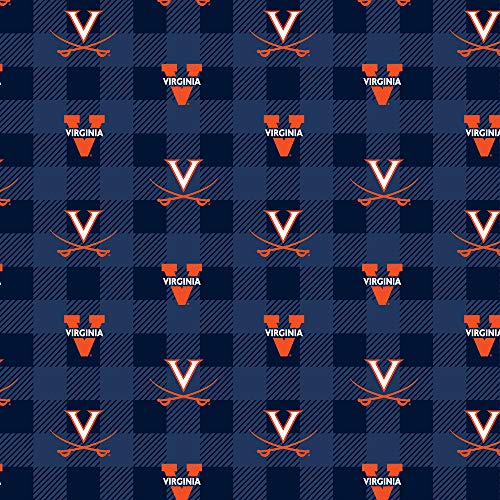 SYKEL ENTERPRISES University of Virginia Fleece Blanket Fabric-Virginia Cavaliers Fleece Fabric with Buffalo Plaid Design