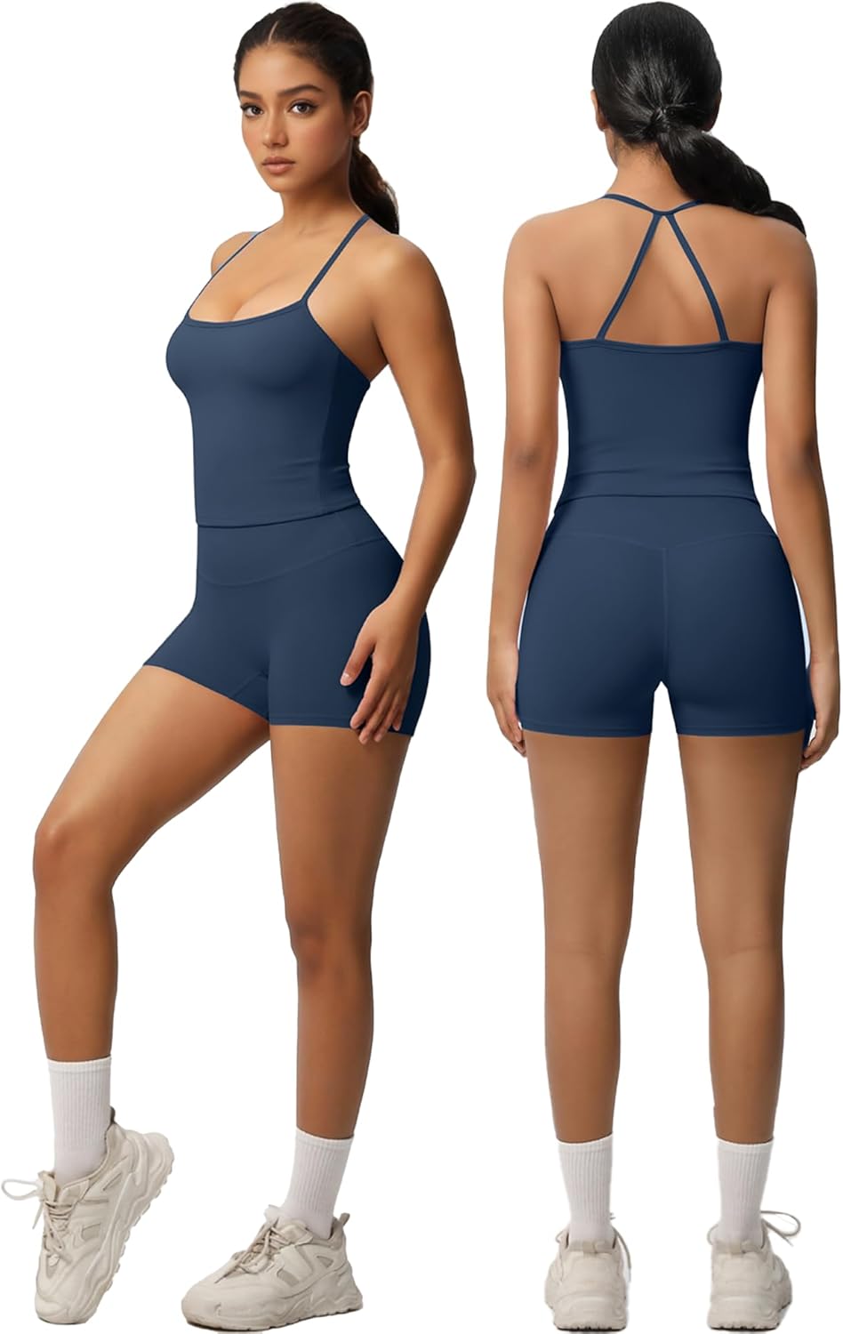 Women 3 Piece Workout Sets Padded Tank Top Sports Bra Matching High Waist Biker Shorts & Gym Yoga Leggings