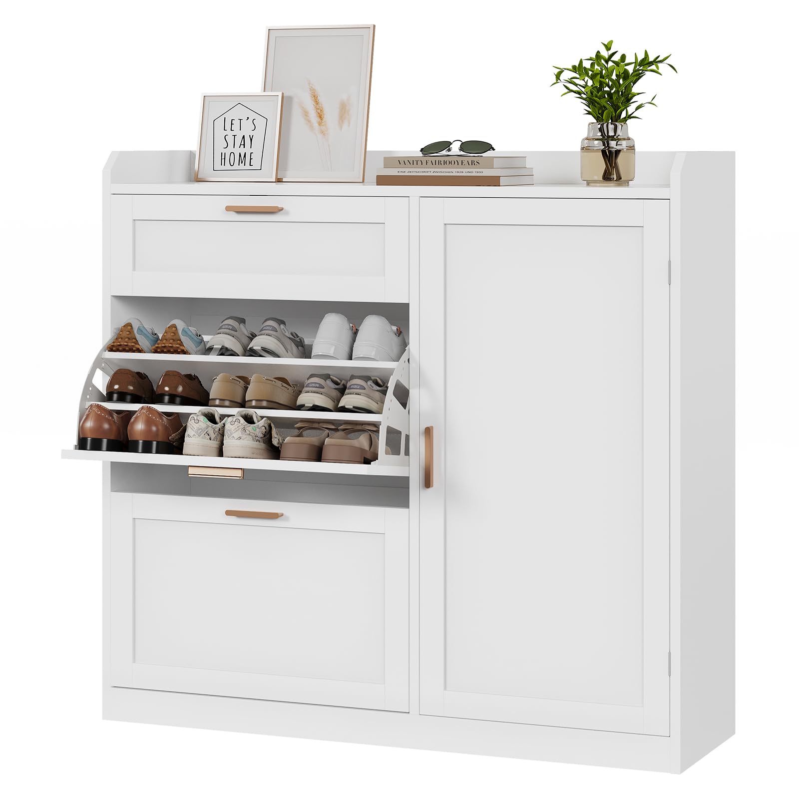 KIMENICH Scarpiera con 2 Scomparti a Ribalta, Scarpiera con 1 Cassetti, Mobiletto portaoggetti laterale, Divisorio Regolabile, per 12-15 Paia di Scarpe, Corridoio, Ingresso, 30 x 100 x 104 cm, Bianco
