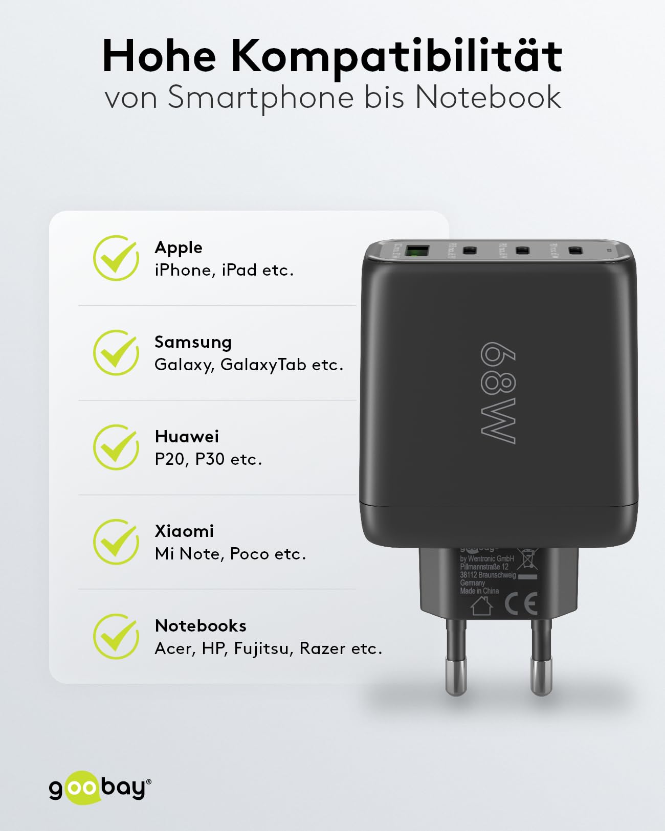 goobay 64819 USB-C PD 4-Fach Multiport Schnellladegerät (68W) / 1x USB-A 3X USB-C Eingang/Power Delivery/Netzteil für Ladekabel vom iPhone und Anderen Handys/Handy Ladegerät/schwarz