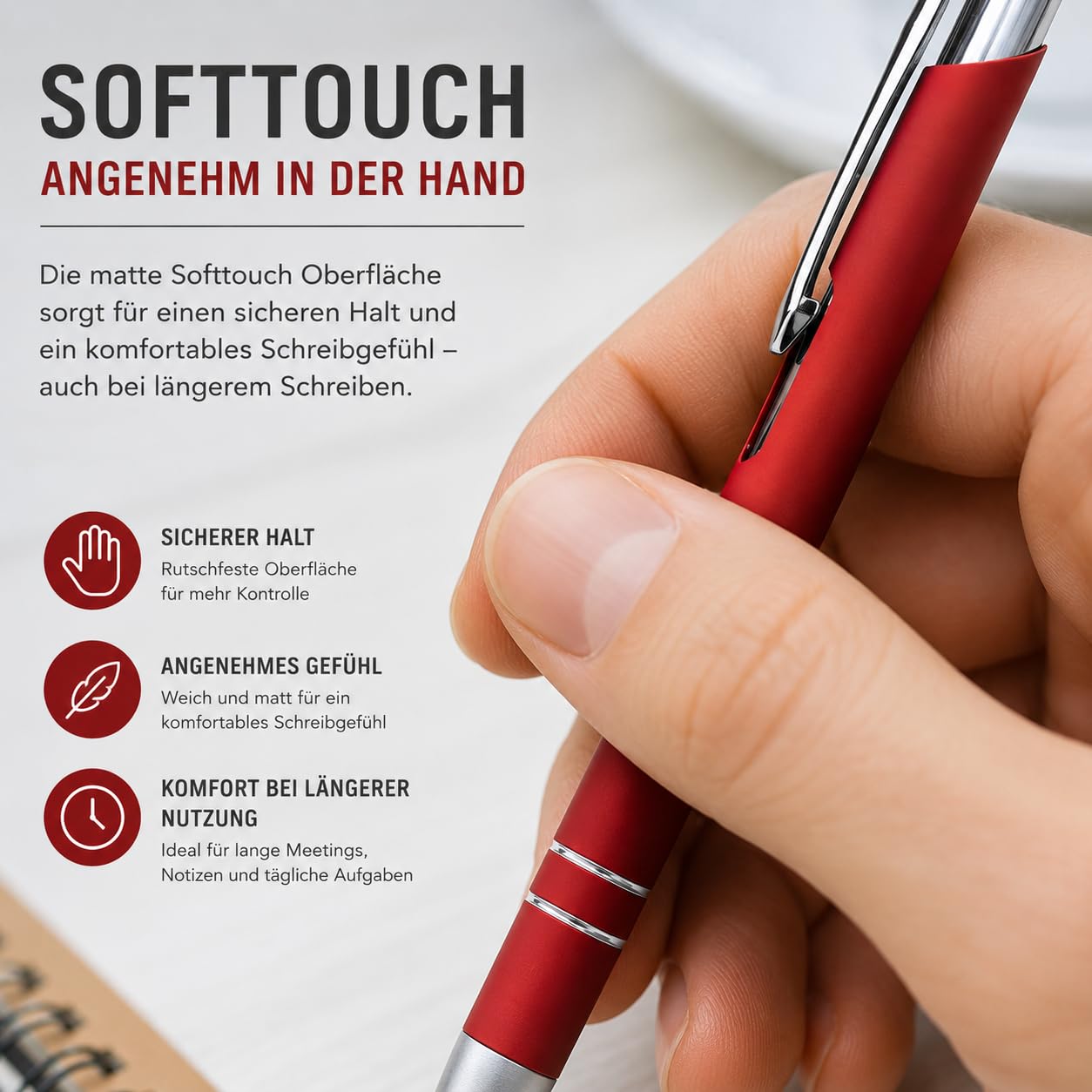 WPRO 250x -Kugelschreiber aus Metall Cami Soft rot – rutschfeste Softtouch-Oberfläche, langlebige schwarze Jumbo-Mine, Premium Werbestift in Farben nach Wahl – ideal als Give-away oder Bürobedarf