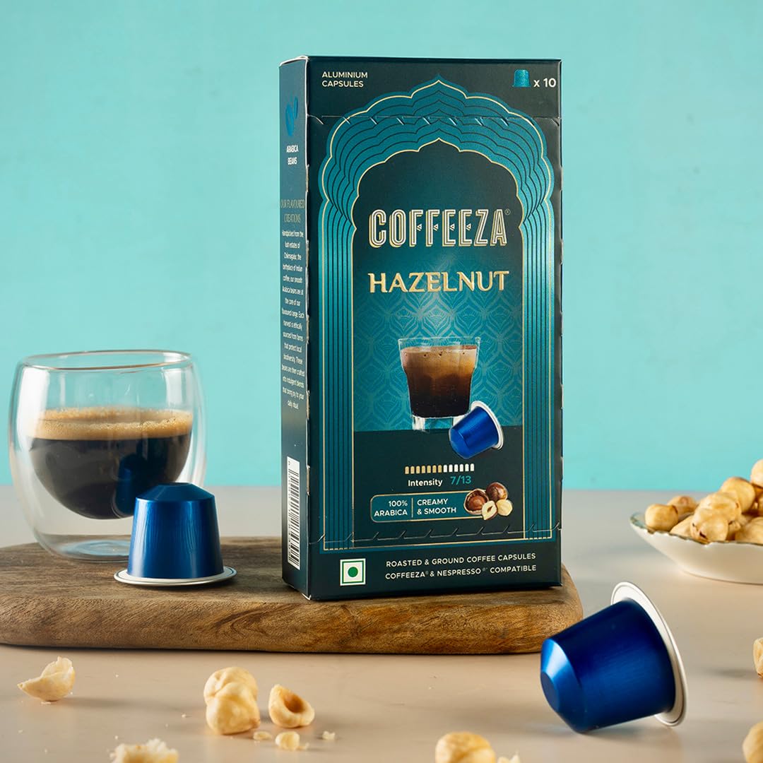 Coffeeza Hazelnut Flavoured Aluminium Coffee Capsules, Intensity - 7 |100% Arabica | Nespresso Compatible Coffee Pods | Box of 10 (100 Capsules)