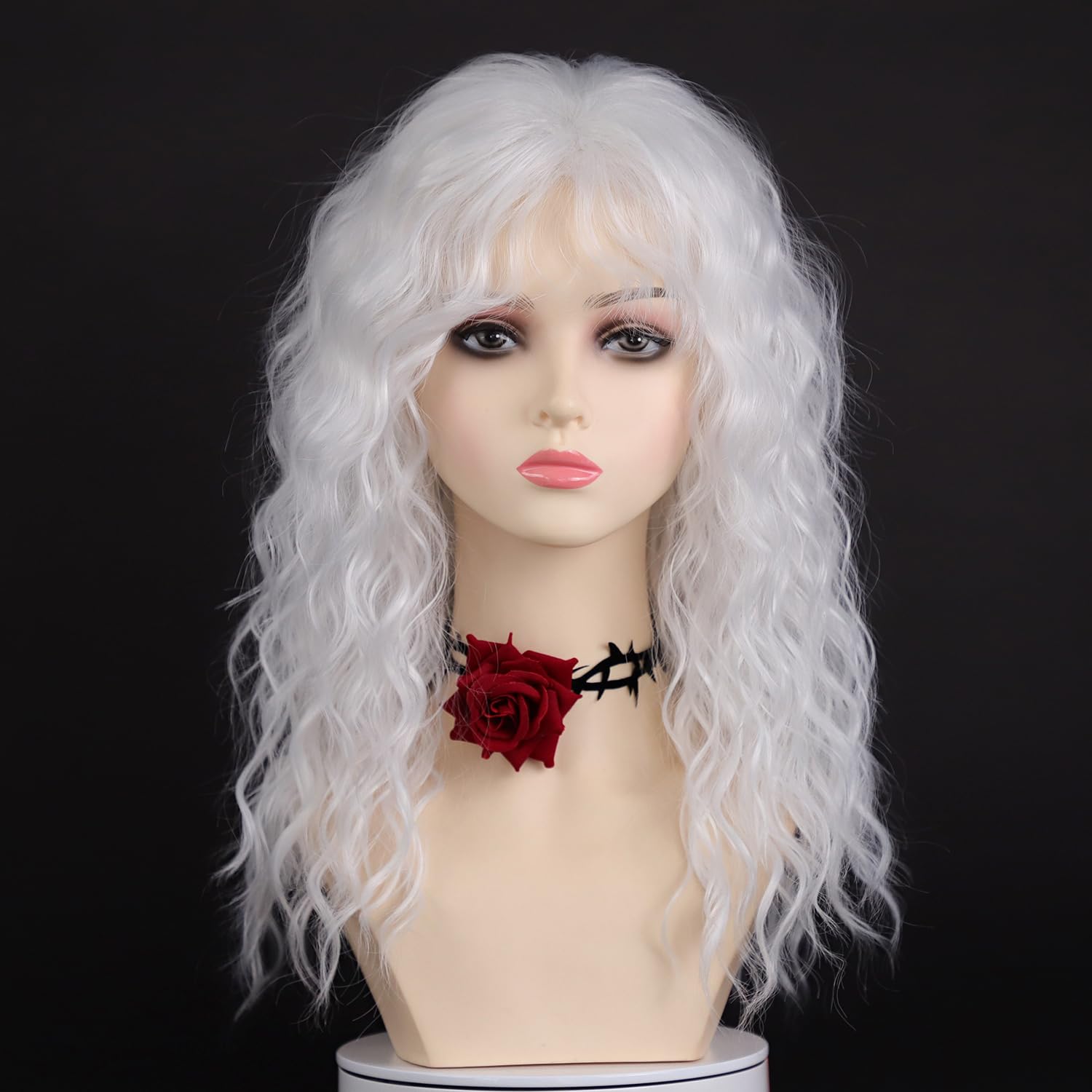 SEVENCOLORS Long White Curly Wigs with Bangs Natural Wavy Synthetic Wigs for Women Fluffy White Hair Cosplay Party Costume Wig - Image 2