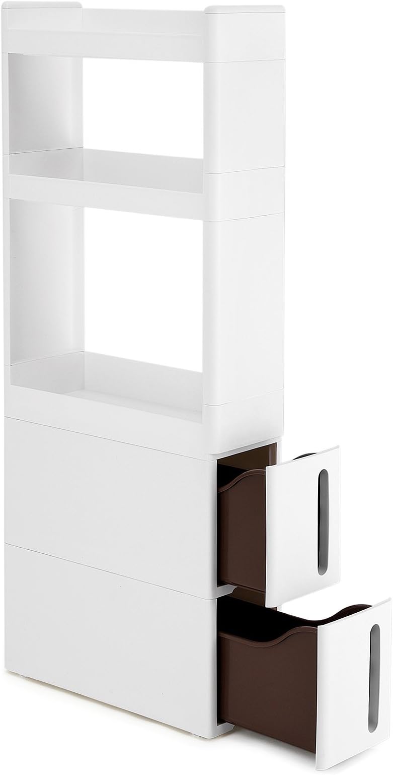 SONGMICS Narrow 3 Shelves 2 Drawers Recess Cabinet with Wheels for Kitchen Bathroom and Cellar 17cm Wide White KFR06WT
