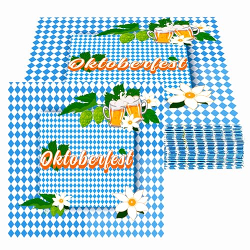 Oizemori 40 Stück 33x33 cm, Oktoberfest Servietten Blau Weiß, Oktoberfest Deko Set mit Papptellern und Bechern, traditionelle bayrische Dekoration im Rautenmuster für Bierfest Party
