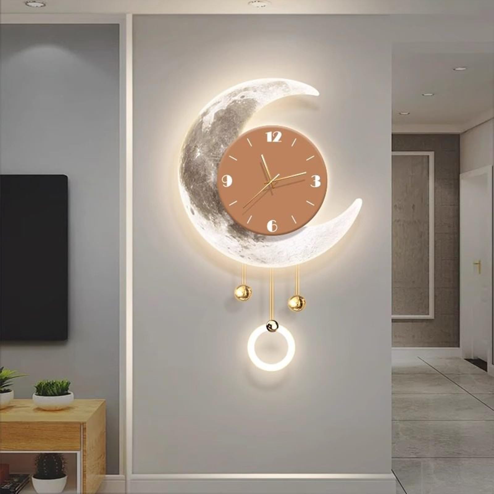 MESCXTY Moon-Shape Decorative Wall Clocks with LED Light, 3D Decor Clock, Hanging Clock Painting for Entryways, Living Rooms, Hallways(Orange,31.5 * 19.7in)