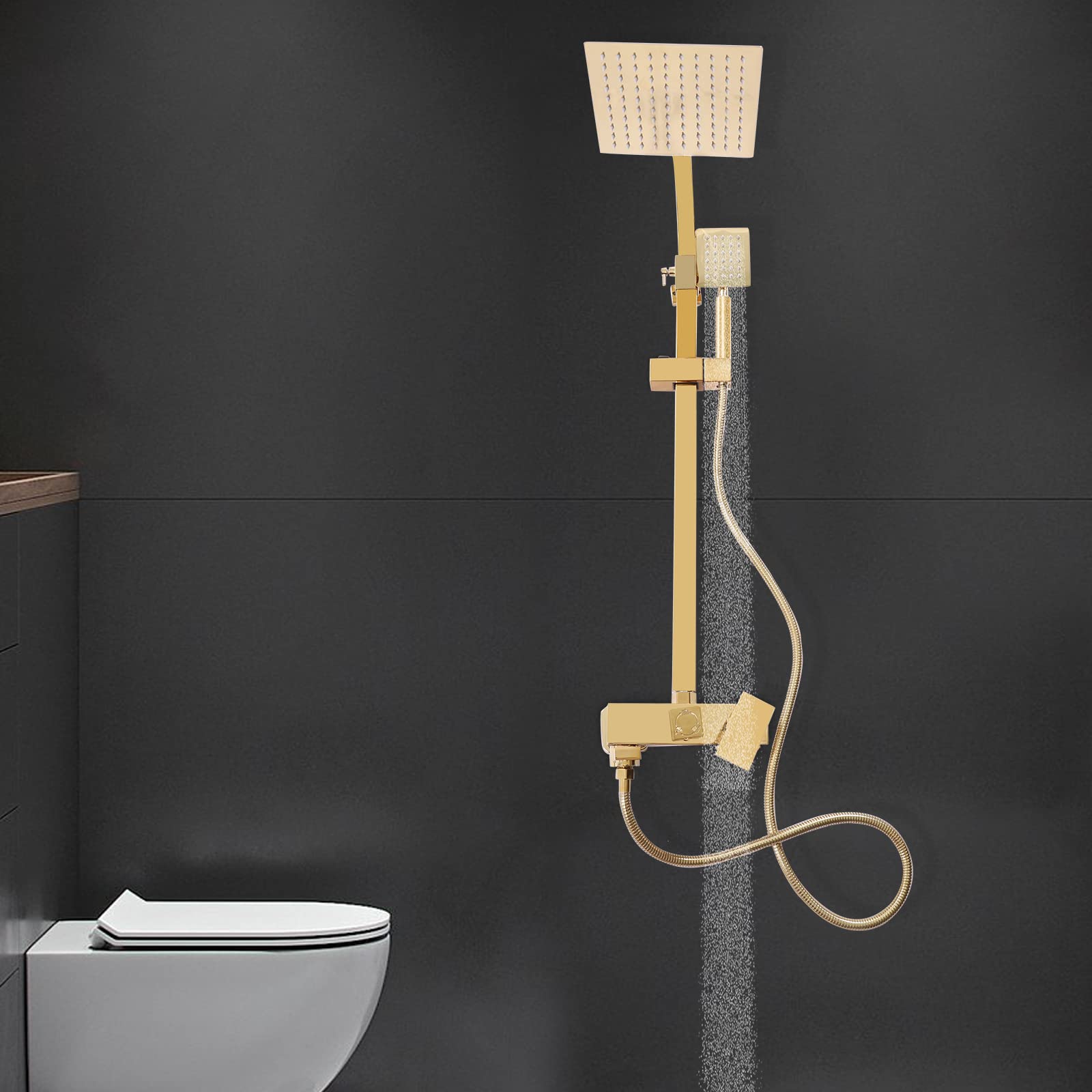 Set doccia in rame in acciaio inox dorato con altezza regolabile (80 – 113 cm) e 2 soffione doccia (pioggia/doccetta) – antiruggine, valvola in ceramica, anti-scottatura, facile da installare per