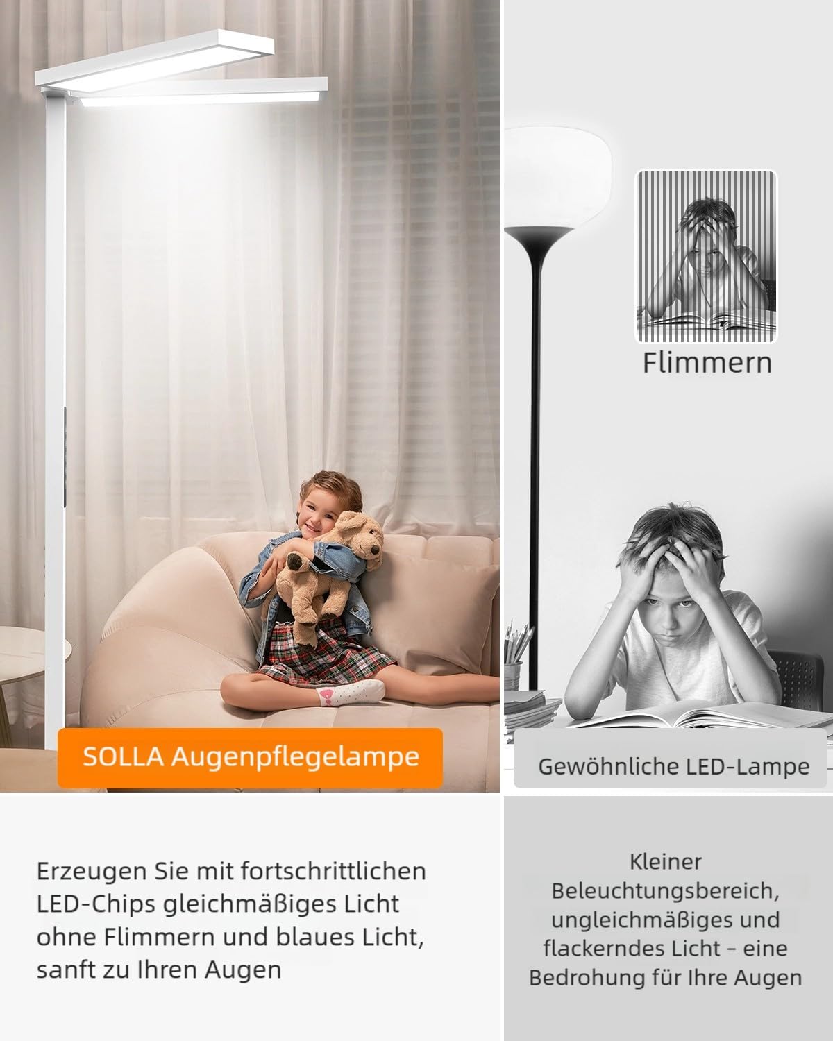 SOLLA Augenpflege Einstellbarer Kopf LED Stehlampe Büro Tageslicht, Bürolampe Stehlampe Uplight und Downlight, 80W+40W-UGR≤16,Geeignet fürBüros, Bibliotheken, Kinderzimmer, Konferenzräume-Weiß