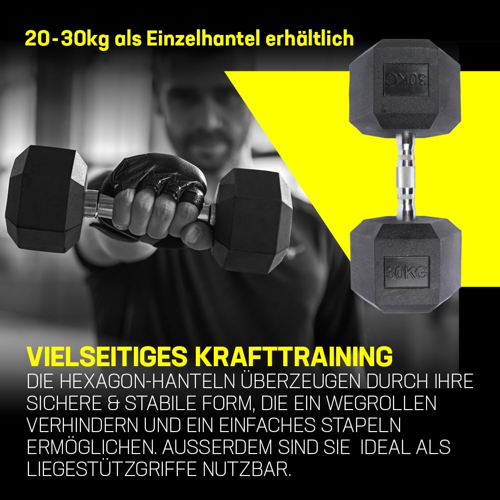 SPORTINATOR Hexagon Hanteln – 2er-Set & Einzelhanteln von 5–30 kg – Gusseisen mit Gummi-Beschichtung, rutschfester Griff, bodenschonend, ideal für Krafttraining & Fitness